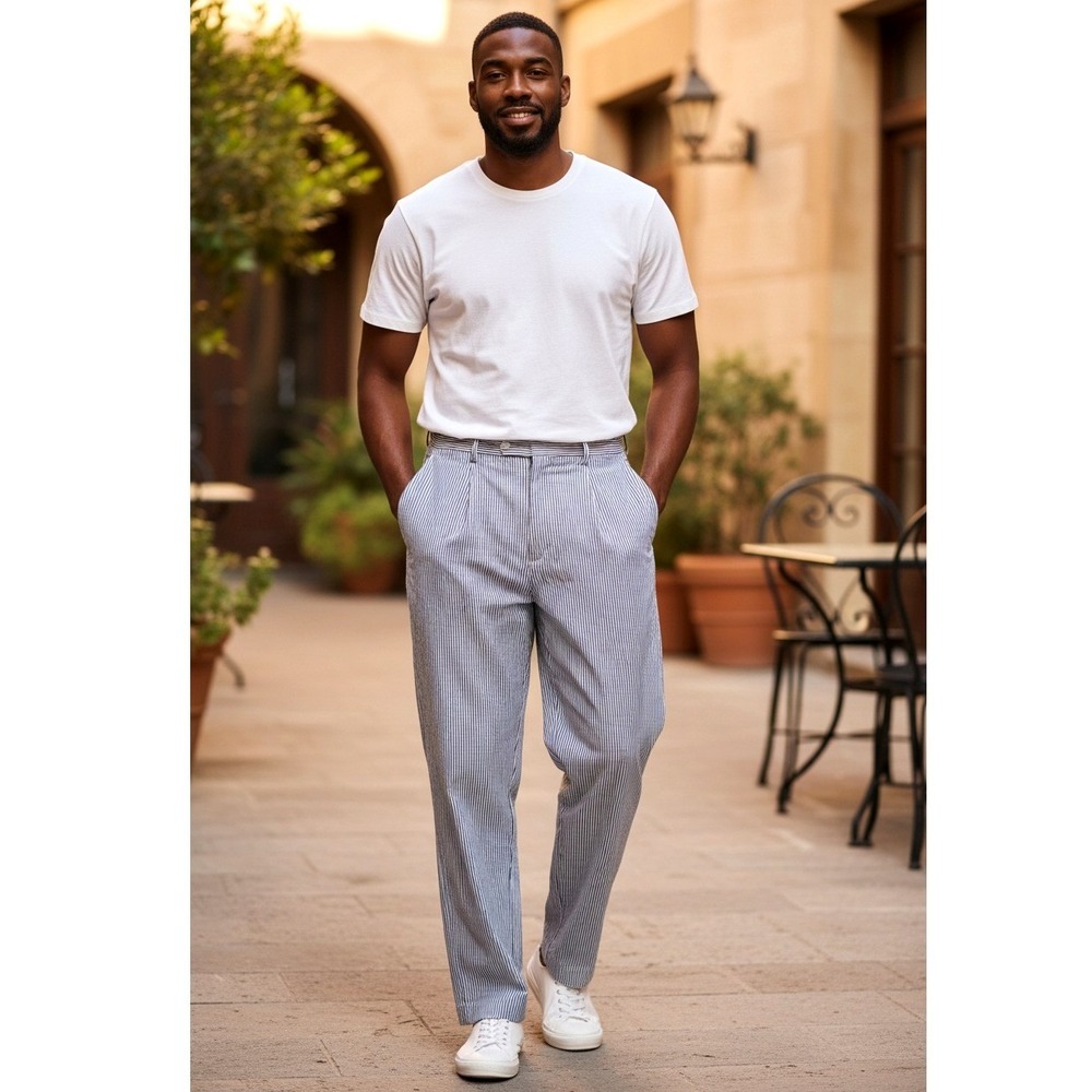 Mens Striped Pleated Dress Pants Navy White Classic Fit Casual Formal